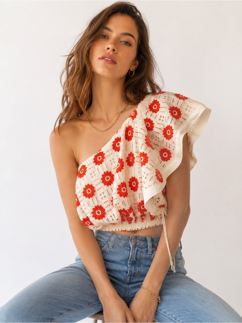 Anthropologie Cream One-Shoulder Crop Top with Red Floral Crochet